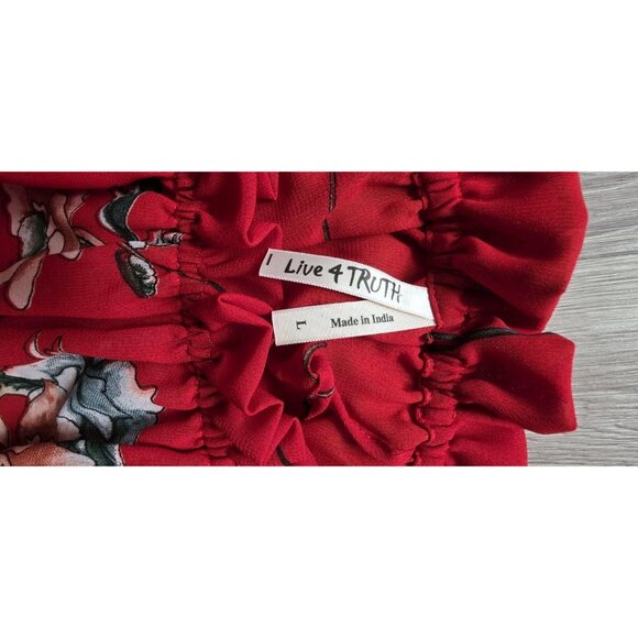 Live 4 Truth Red Floral Off Shoulder Peasant Blouse Bell Sleeve Boho Top L - Picture 5 of 10